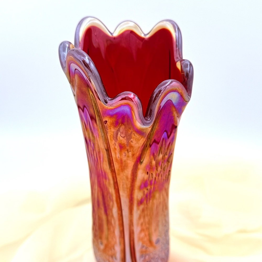 π SOLD π Carnival Glass Swung Vase Vintage Orange Red Eclectic Artistic Decor - Picture 3 of 10